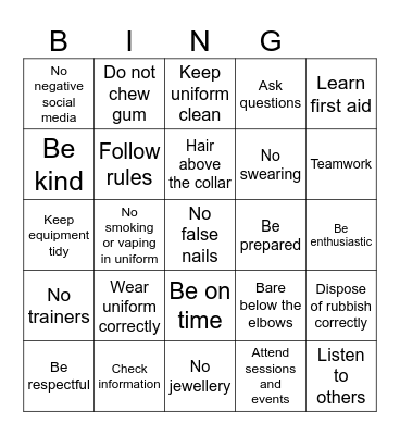Cadet standards Bingo Card