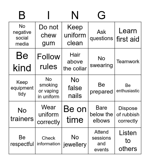 Cadet standards Bingo Card