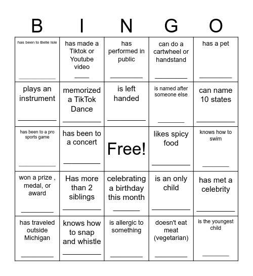 Get To Know You Bingo Card