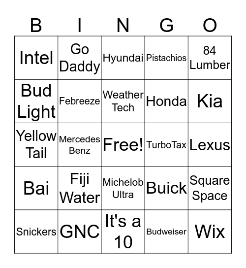 2017 Super Bowl Commercial Bingo Card