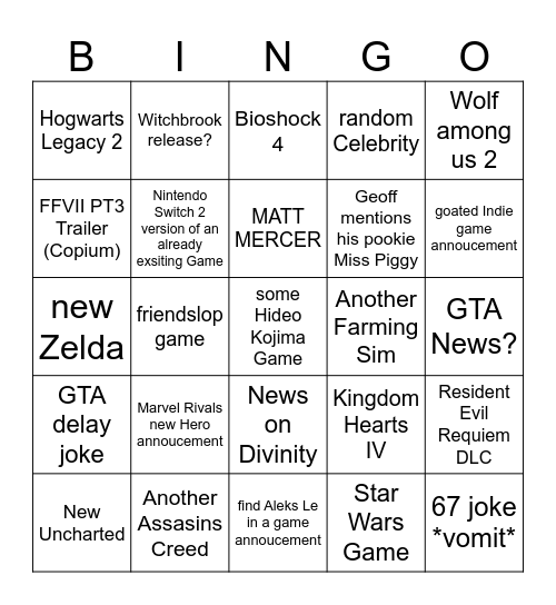 Summer Game Fest 2026 Bingo Card