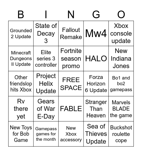 Xbox Games Showcase 2026 Bingo Card