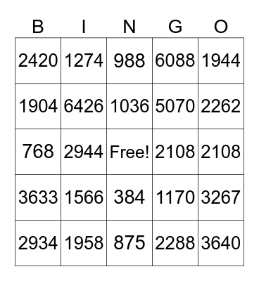 Multiplication Bingo Card