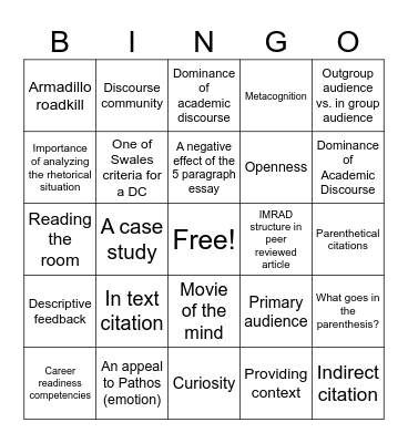 First Year Writing: Course Review Bingo Card