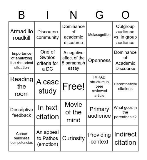 First Year Writing: Course Review Bingo Card