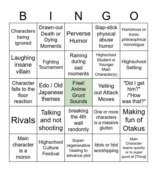 Anime Tropes Bingo Card
