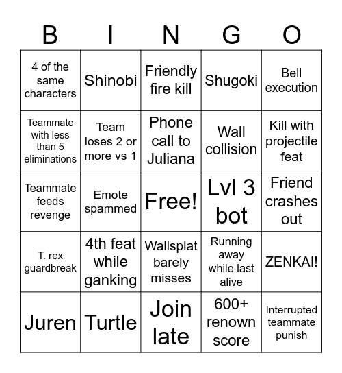 For honor Bingo Card