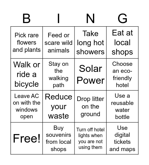 Sustainable Tourism Bingo Card