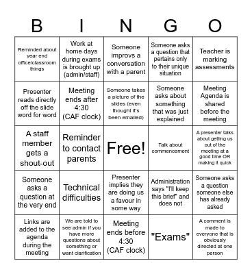 Staff Meeting Bingo Card