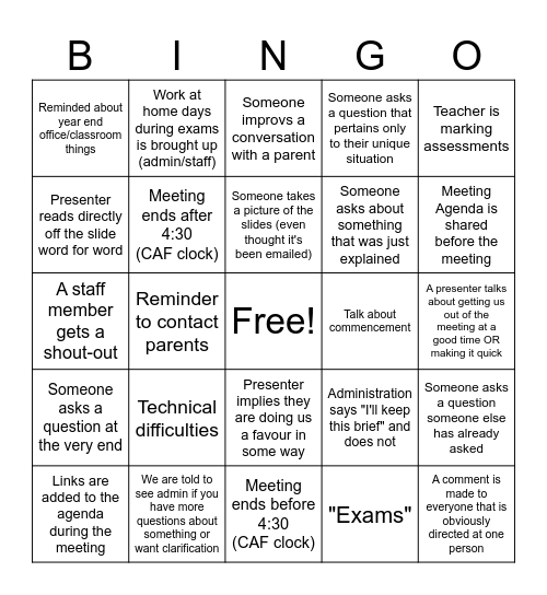 Staff Meeting Bingo Card