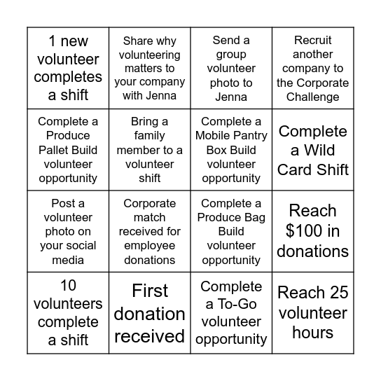 Corporate Challenge Bingo Card