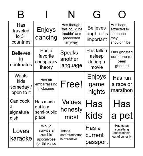 Dating Bingo Card