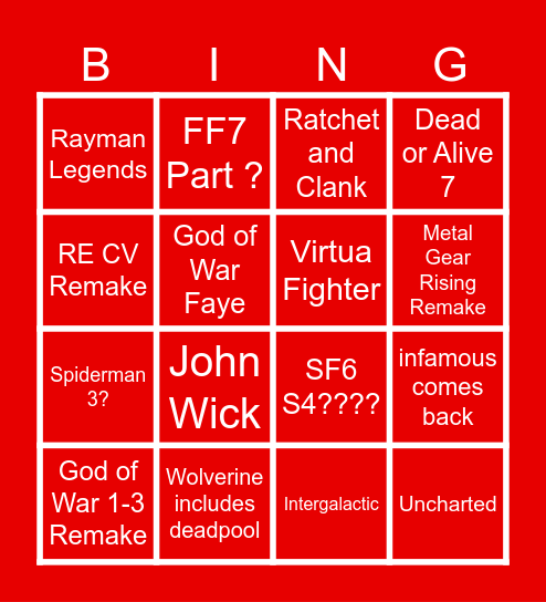 PLAYSTATION Bingo Card