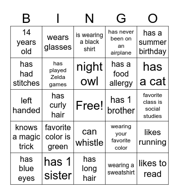 Find the student! Bingo Card