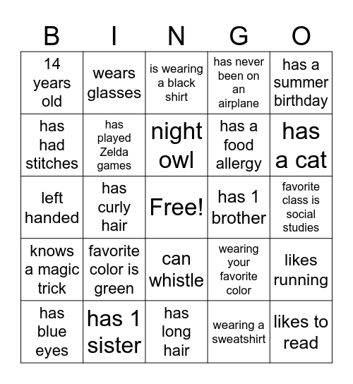 Find the student! Bingo Card