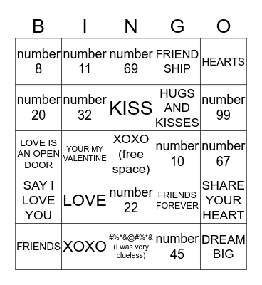 LOVE AND XOXO Bingo Card
