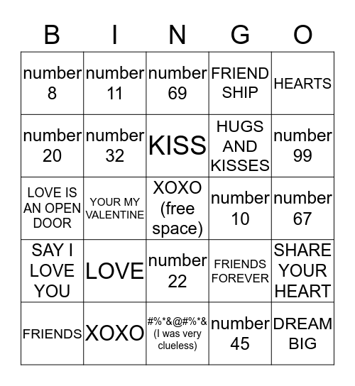 LOVE AND XOXO Bingo Card