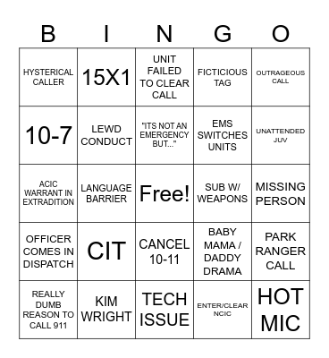 DISPATCH Bingo Card