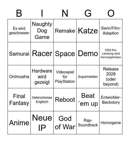 State of Play Bingo Card
