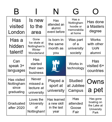 University of Nottingham Alumni Event Bingo Card