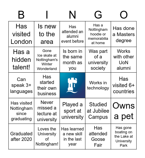 University of Nottingham Alumni Event Bingo Card