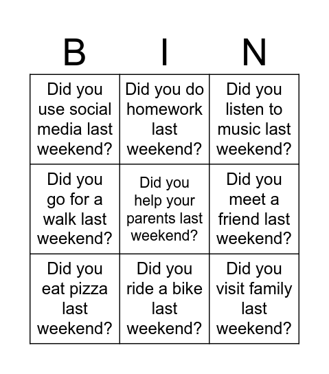 Past simple - weekend interview Bingo Card