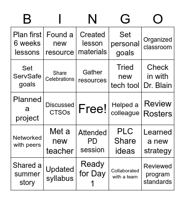 Welcome Back Bingo Card