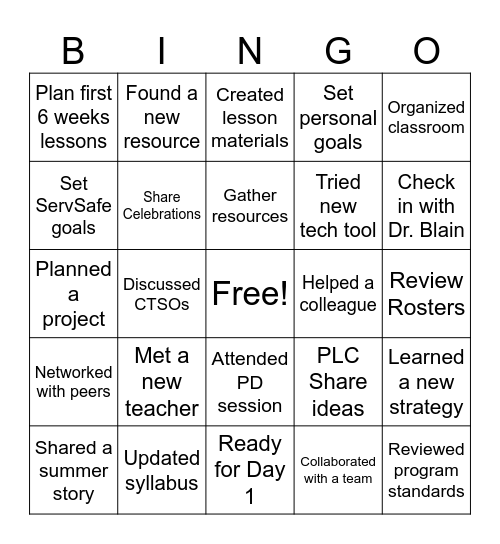 Welcome Back Bingo Card