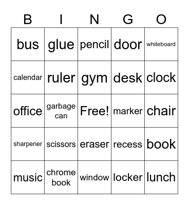 school Bingo Card