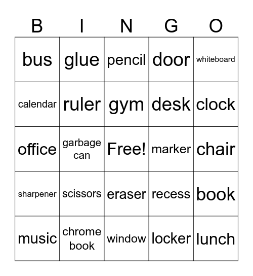 school Bingo Card