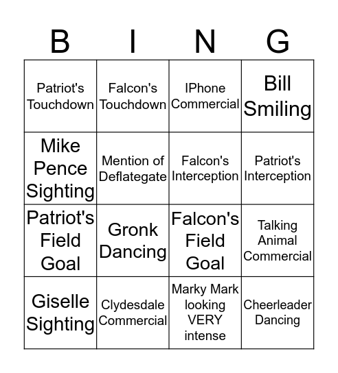 Superbowl 51 - Patriots vs. Falcons Bingo Card
