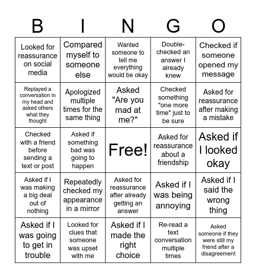 Reassurance seeking bingo Card