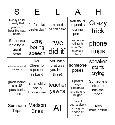 Selah BAND Graduation Bingo Card