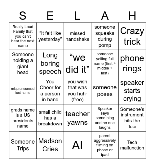 Selah BAND Graduation Bingo Card