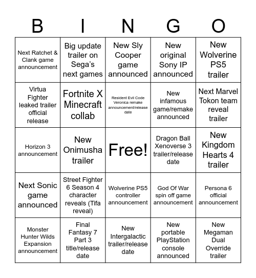 Sony State Of Play 2026 Bingo Card