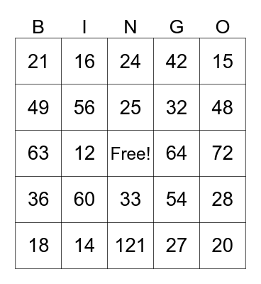 Multiplication Bingo Card