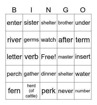 R Controlled Vowels "er" Bingo Card
