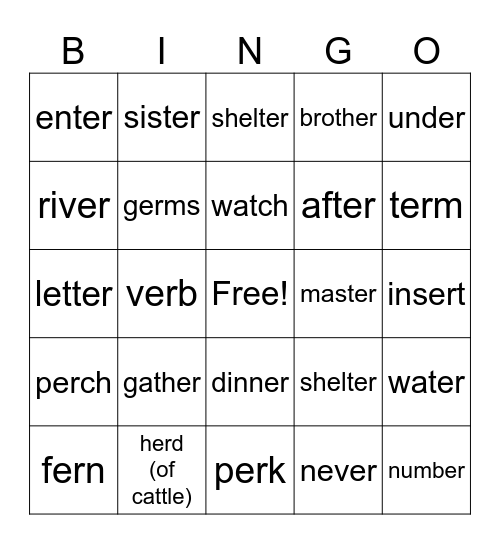 R Controlled Vowels "er" Bingo Card