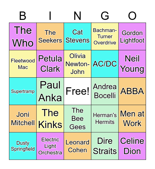Non-American Singers/Bands Bingo Card