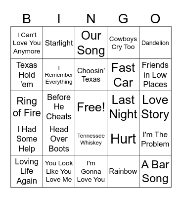 Country Music Bingo Card