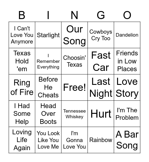 Country Music Bingo Card