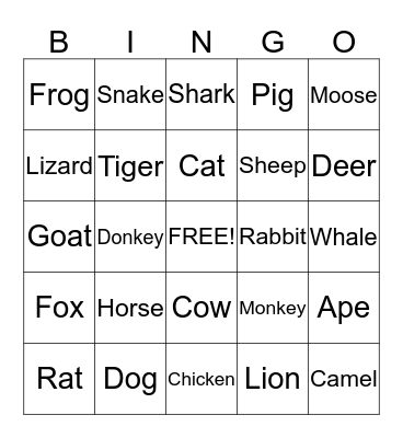 Animals Bingo Card