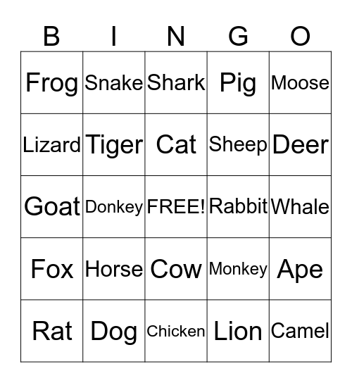 Animals Bingo Card