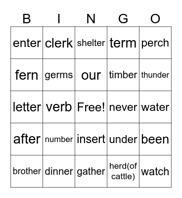 R-controlled vowels (er) and red words Bingo Card