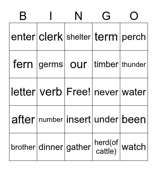R-controlled vowels (er) and red words Bingo Card