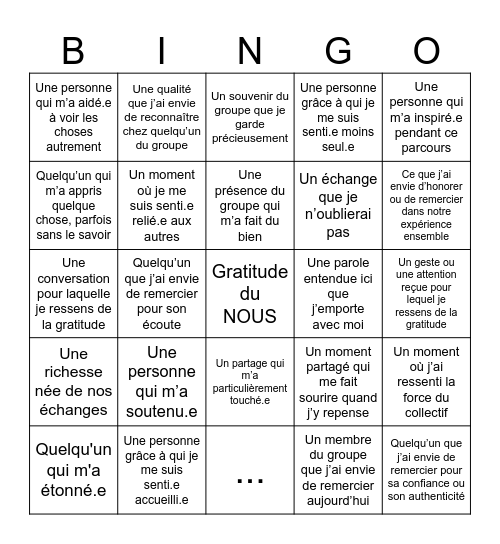Bingo de la gratitude Bingo Card