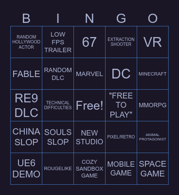 Gaming Showcase 2026 Bingo Card