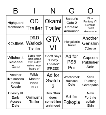 Summer Game Fest 2026 by CoyoteWildfire Bingo Card