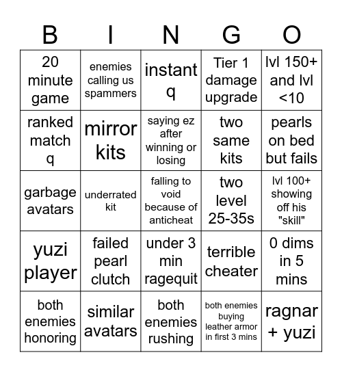 Bedwars Enemy Bingo 2 Bingo Card