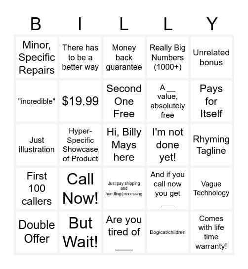 Billy Mays Bingo Card